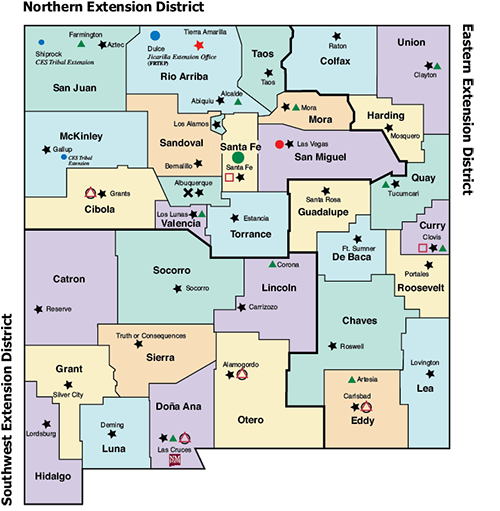 Map of New Mexico highlighting location of Extension county offices throughout the state.